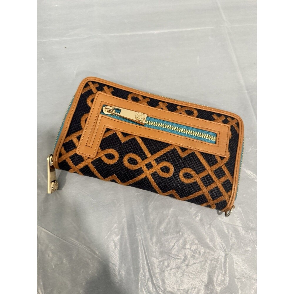 Spartina 449 Zip Around Wallet Linen Leather Brown Blue Pattern Read